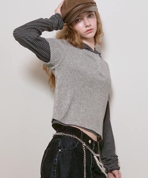 archives(アルシーヴ)の「ヘンリーネックTOPS×ボーダーフーディーSET(Tシャツ/カットソー・レディース・モカ/グレー/オフホワイト・MEDIUM)」の11枚目の写真