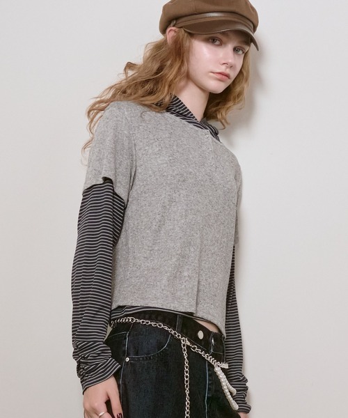 archives(アルシーヴ)の「ヘンリーネックTOPS×ボーダーフーディーSET(Tシャツ/カットソー・レディース・モカ/グレー/オフホワイト・MEDIUM)」の14枚目の写真