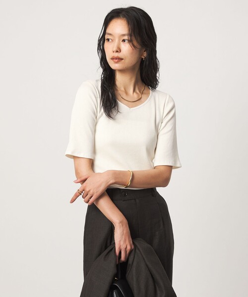 green label relaxing(グリーンレーベルリラクシング)の「ブライトリブ 2WAY 5分袖 プルオーバー カットソー(Tシャツ/カットソー・レディース・オフホワイト/ブラック/モカ・FREE)」の2枚目の写真