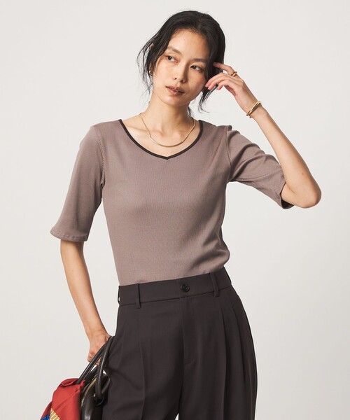 green label relaxing(グリーンレーベルリラクシング)の「ブライトリブ 2WAY 5分袖 プルオーバー カットソー(Tシャツ/カットソー・レディース・オフホワイト/ブラック/モカ・FREE)」の1枚目の写真