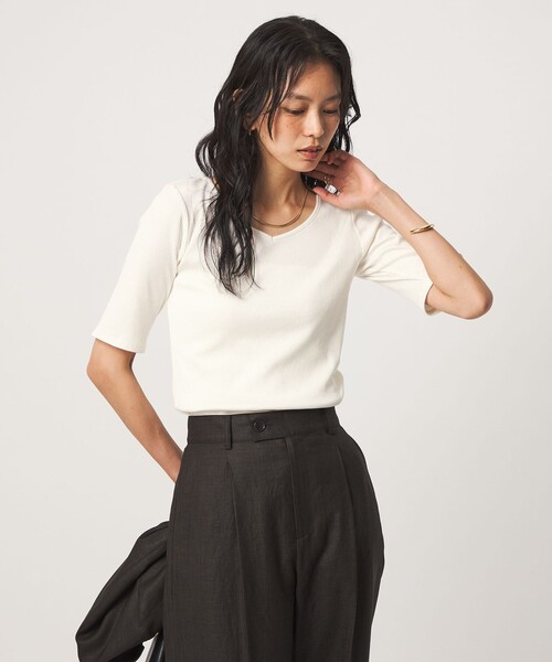 green label relaxing(グリーンレーベルリラクシング)の「ブライトリブ 2WAY 5分袖 プルオーバー カットソー(Tシャツ/カットソー・レディース・オフホワイト/ブラック/モカ・FREE)」の8枚目の写真
