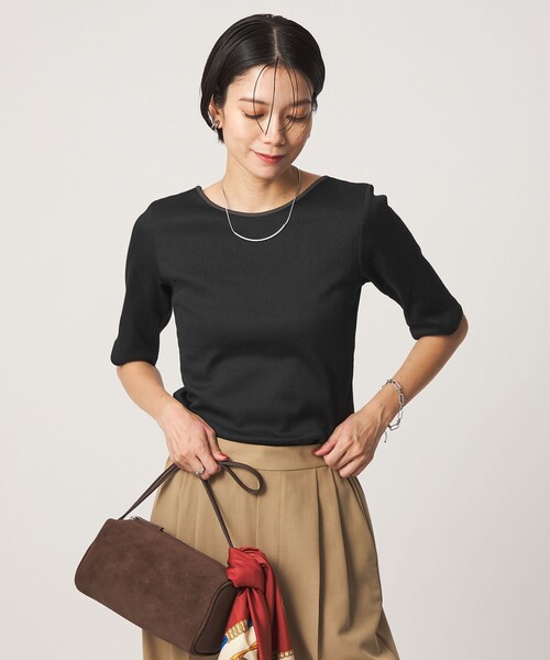 green label relaxing(グリーンレーベルリラクシング)の「ブライトリブ 2WAY 5分袖 プルオーバー カットソー(Tシャツ/カットソー・レディース・オフホワイト/ブラック/モカ・FREE)」の11枚目の写真