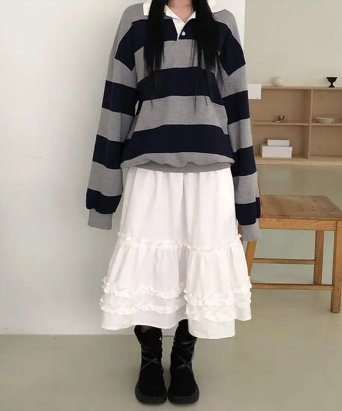 STAY MOTION（ステイモーション）の「【WEB限定】フリルティアードミモレ丈スカート［骨格ウェーブ／体型カバー／大人ガーリー］（スカート・レディース・ブラック/オフホワイト・F）」の14枚目の写真
