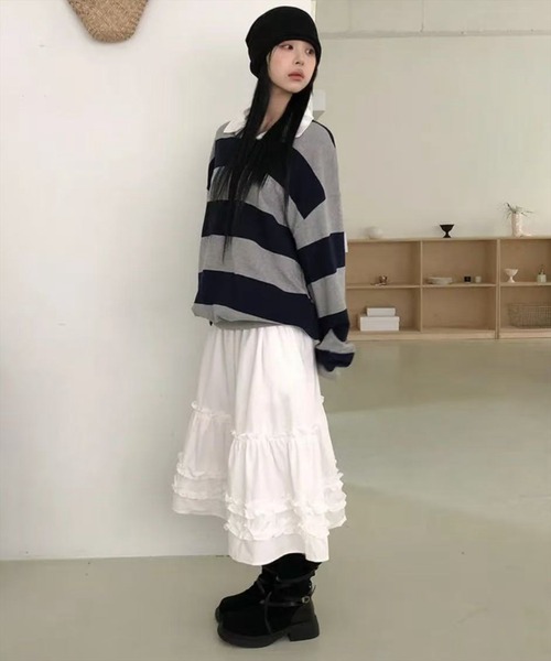 STAY MOTION（ステイモーション）の「【WEB限定】フリルティアードミモレ丈スカート［骨格ウェーブ／体型カバー／大人ガーリー］（スカート・レディース・ブラック/オフホワイト・F）」の9枚目の写真