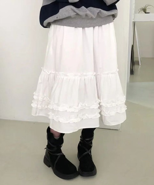 STAY MOTION（ステイモーション）の「【WEB限定】フリルティアードミモレ丈スカート［骨格ウェーブ／体型カバー／大人ガーリー］（スカート・レディース・ブラック/オフホワイト・F）」の12枚目の写真