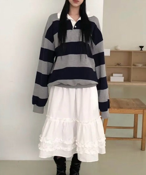 STAY MOTION（ステイモーション）の「【WEB限定】フリルティアードミモレ丈スカート［骨格ウェーブ／体型カバー／大人ガーリー］（スカート・レディース・ブラック/オフホワイト・F）」の13枚目の写真