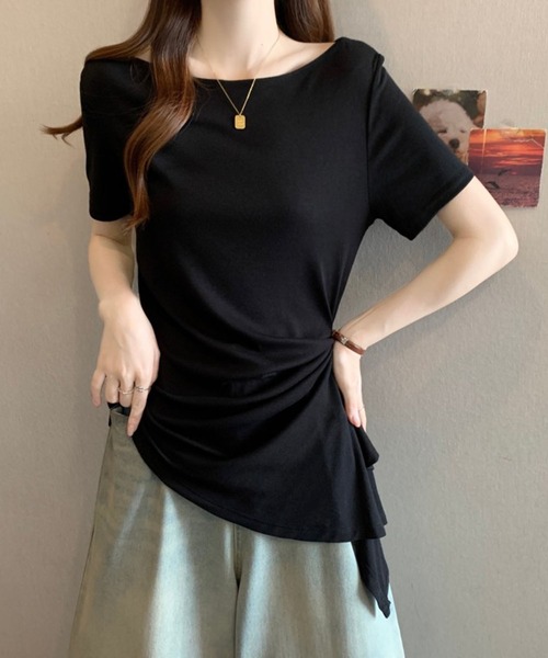 Girly Doll(ガーリードール)の「サイドドレープボートネック半袖カットソー(Tシャツ/カットソー・レディース・グレー/ホワイト/ブラック・M/L)」の3枚目の写真