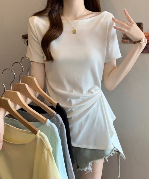 Girly Doll(ガーリードール)の「サイドドレープボートネック半袖カットソー(Tシャツ/カットソー・レディース・グレー/ホワイト/ブラック・M/L)」の11枚目の写真