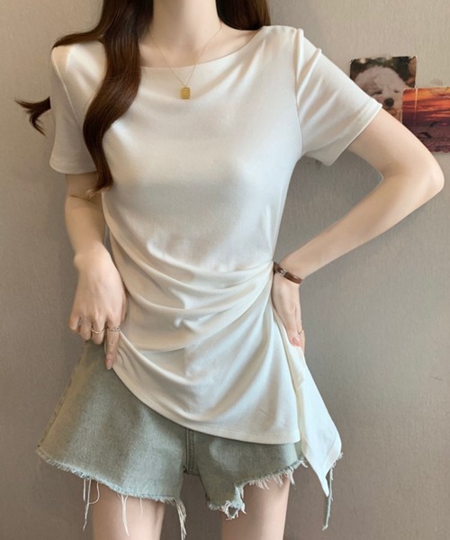 Girly Doll(ガーリードール)の「サイドドレープボートネック半袖カットソー(Tシャツ/カットソー・レディース・グレー/ホワイト/ブラック・M/L)」の4枚目の写真