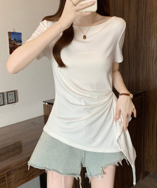 Girly Doll(ガーリードール)の「サイドドレープボートネック半袖カットソー(Tシャツ/カットソー・レディース・グレー/ホワイト/ブラック・M/L)」の6枚目の写真