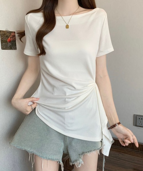 Girly Doll(ガーリードール)の「サイドドレープボートネック半袖カットソー(Tシャツ/カットソー・レディース・グレー/ホワイト/ブラック・M/L)」の8枚目の写真