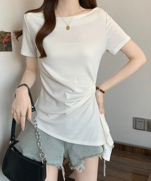 Girly Doll(ガーリードール)の「サイドドレープボートネック半袖カットソー(Tシャツ/カットソー・レディース・グレー/ホワイト/ブラック・M/L)」の9枚目の写真