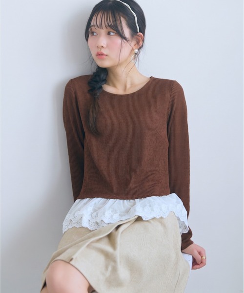 marun(マルン)の「<大きいサイズ>裾レース使いカットソートップス marun(Tシャツ/カットソー・レディース・ブラウン/ラベンダー・L/4L/3L/LL/5L)」の2枚目の写真