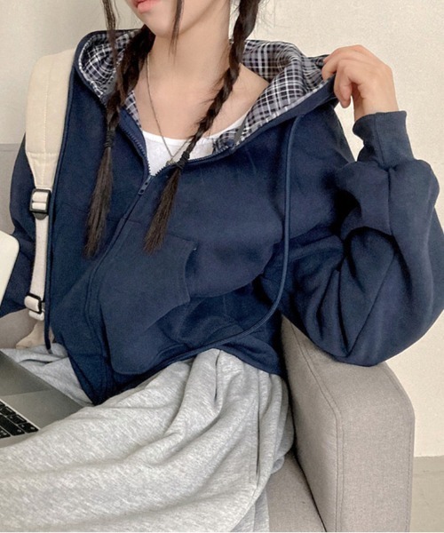 SHEENA（シーナ）の「チェック裏地ジップアップパーカー（パーカー・レディース・ネイビー/グレー/アイボリー・M）」の21枚目の写真