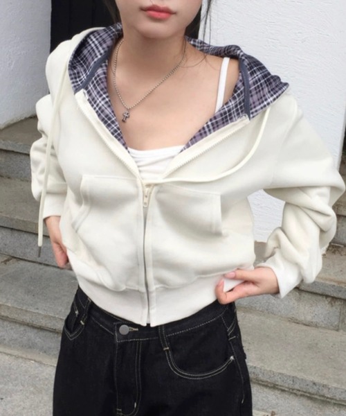 SHEENA（シーナ）の「チェック裏地ジップアップパーカー（パーカー・レディース・ネイビー/グレー/アイボリー・M）」の11枚目の写真