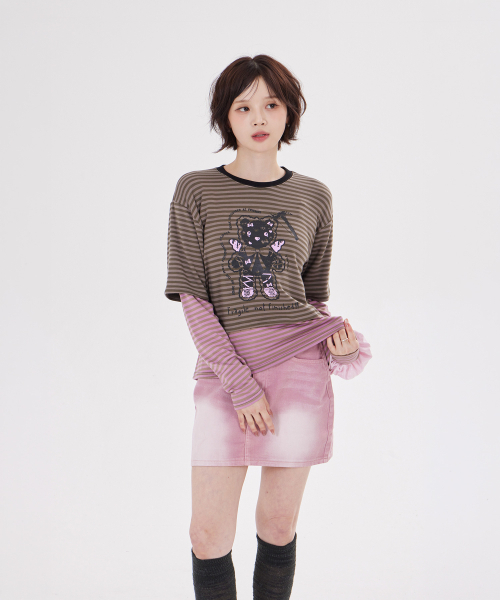 DYSFUNCT(ディスファンクト)の「ANGEL HAMMER BEAR STRIPE LAYERED T-SHIRT(KHAKI)(Tシャツ/カットソー・レディース・その他・SMALL/MEDIUM)」の1枚目の写真