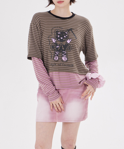 DYSFUNCT(ディスファンクト)の「ANGEL HAMMER BEAR STRIPE LAYERED T-SHIRT(KHAKI)(Tシャツ/カットソー・レディース・その他・SMALL/MEDIUM)」の3枚目の写真