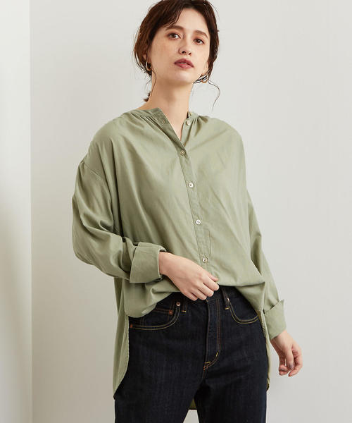 green label relaxing（グリーンレーベルリラクシング）の「NFC スタンド ギャザー シャツ ◆（シャツ/ブラウス・レディース・オフホワイト/オリーブ・FREE）」の2枚目の写真