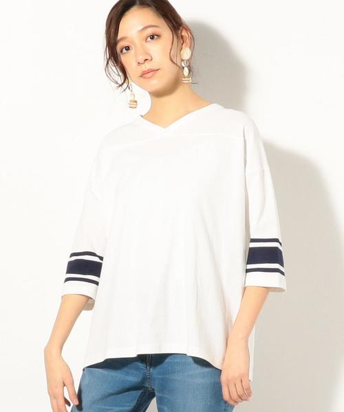 coen（コーエン）の「USAコットンVネックフットボールT(カットソー)（Tシャツ/カットソー・レディース・ホワイト/コバルトブルー・FREE）」の3枚目の写真