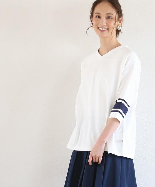 coen（コーエン）の「USAコットンVネックフットボールT(カットソー)（Tシャツ/カットソー・レディース・ホワイト/コバルトブルー・FREE）」の5枚目の写真