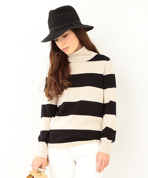 BEAMS BOY(ビームスボーイ)の「BEAMS BOY / 14ゲージ ボーダー タートルニット(ニット/セーター・レディース・ナチュラル/グリーン系その他/ネイビー・ONE SIZE)」の2枚目の写真