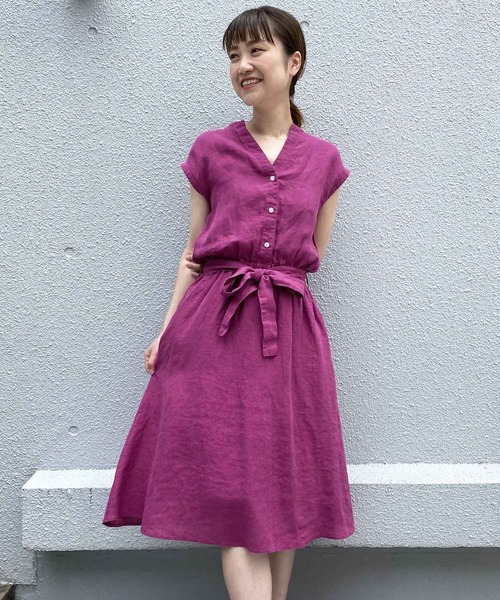 PICCIN（ピッチン）の「フレンチリネンウエストリボンワンピース（ワンピース・レディース・パープル/ネイビー/カーキ/ブルー/ブラック系その他/ブルー系その他・M/L）」の2枚目の写真