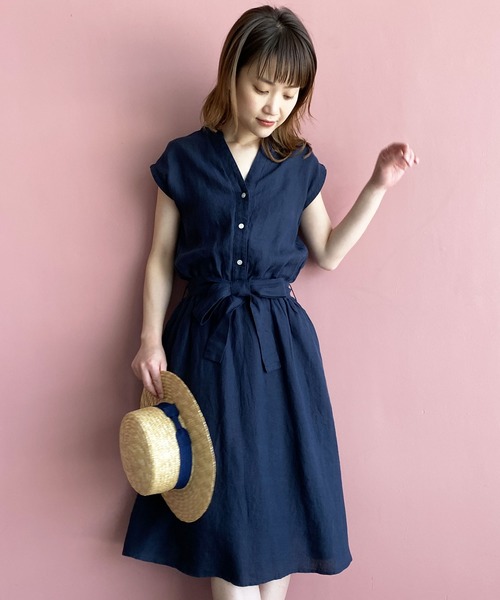 PICCIN（ピッチン）の「フレンチリネンウエストリボンワンピース（ワンピース・レディース・パープル/ネイビー/カーキ/ブルー/ブラック系その他/ブルー系その他・M/L）」の4枚目の写真