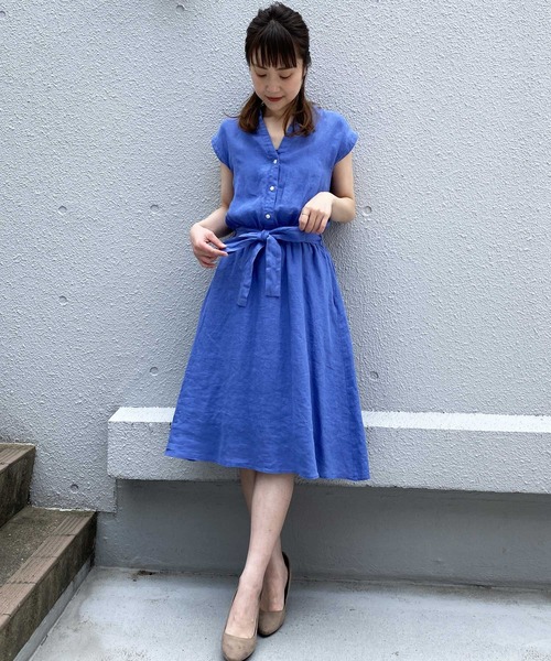 PICCIN（ピッチン）の「フレンチリネンウエストリボンワンピース（ワンピース・レディース・パープル/ネイビー/カーキ/ブルー/ブラック系その他/ブルー系その他・M/L）」の12枚目の写真