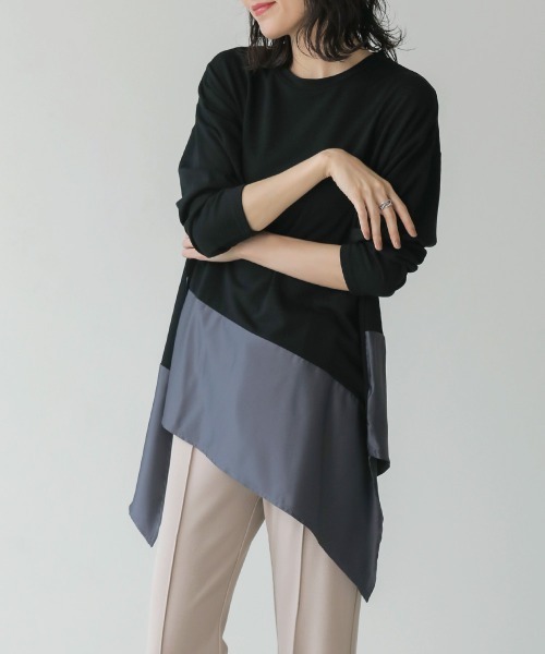 Bou Jeloud（ブージュルード）の「バイカラーアシメプルオーバー（Tシャツ/カットソー・レディース・チャコールグレー/ブラック/ベージュ/キャメル・FREE）」の2枚目の写真