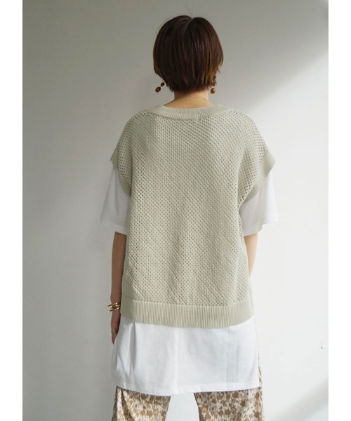 NICOLE white(ニコルホワイト)の「メッシュベスト&5分袖Tシャツセット(Tシャツ/カットソー・レディース・オフホワイト/グリーン/ライトグレー・FREE)」の6枚目の写真