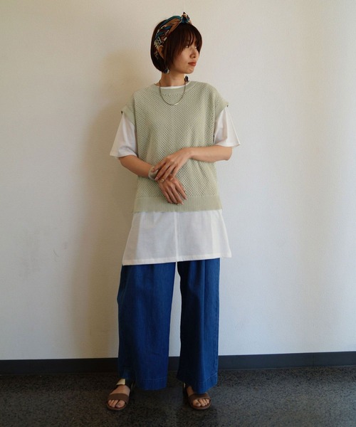 NICOLE white(ニコルホワイト)の「メッシュベスト&5分袖Tシャツセット(Tシャツ/カットソー・レディース・オフホワイト/グリーン/ライトグレー・FREE)」の7枚目の写真