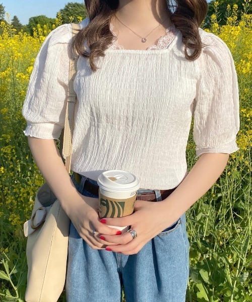 Cheek（チーク）の「【 - ｍｉｍｉ - 】パワショルシャーリングブラウス（シャツ/ブラウス・レディース・ピンク/オフホワイト/ミント・FREE）」の2枚目の写真