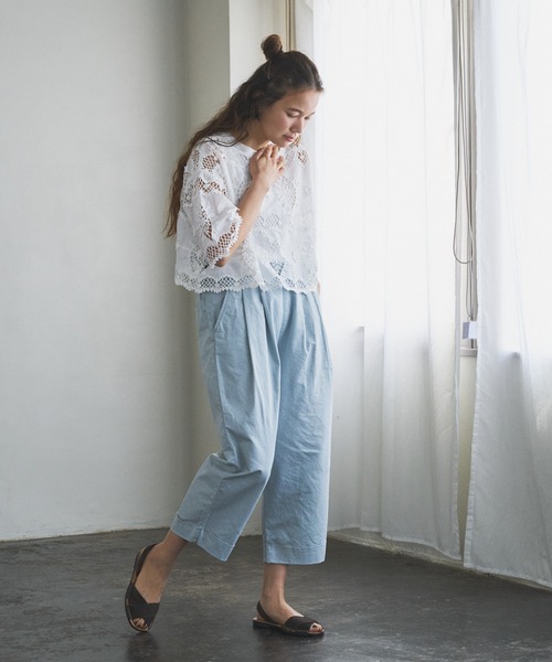 PUAL CE CIN（ピュアルセシン）の「綿麻ツイルストレートパンツ（その他パンツ・レディース・アイボリー/スミクロ/ベージュ/サックスブルー/イエロー/ピンク・FREE）」の5枚目の写真