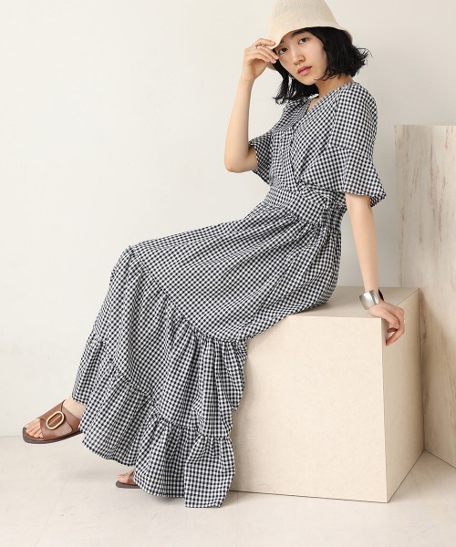 美品✨ヘイヘイ あのちゃん着用　ティアード　チェック　リボン　ワンピース　S 肩リボン付きレース切替ストライプティアードワンピース