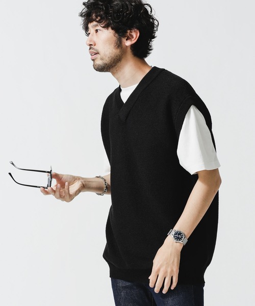 NANO universe（ナノユニバース）の「リネンブレンドニットＶネックベスト（ニット/セーター・メンズ・ベージュ/ブラック/サックスブルー・S/M/L）」の10枚目の写真