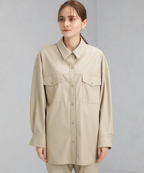 green label relaxing（グリーンレーベルリラクシング）の「フェイクレザー シャツ ジャケット（シャツ/ブラウス・レディース・ブラック/ベージュ・FREE）」の8枚目の写真