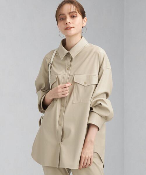 green label relaxing（グリーンレーベルリラクシング）の「フェイクレザー シャツ ジャケット（シャツ/ブラウス・レディース・ブラック/ベージュ・FREE）」の15枚目の写真