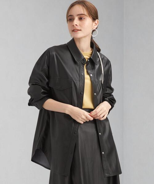 green label relaxing（グリーンレーベルリラクシング）の「フェイクレザー シャツ ジャケット（シャツ/ブラウス・レディース・ブラック/ベージュ・FREE）」の18枚目の写真
