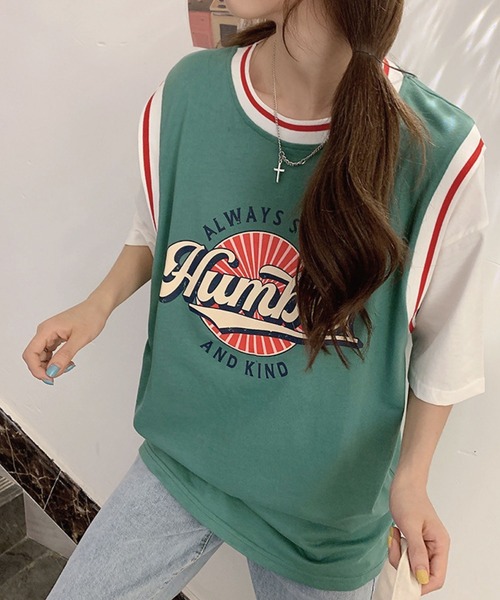 meJane(ミージェーン)の「HumbleサークルプリントドッキングTシャツ【ZOZOTOWN限定】(Tシャツ/カットソー・レディース・ブラック/グリーン/ブルー・FREE)」の1枚目の写真