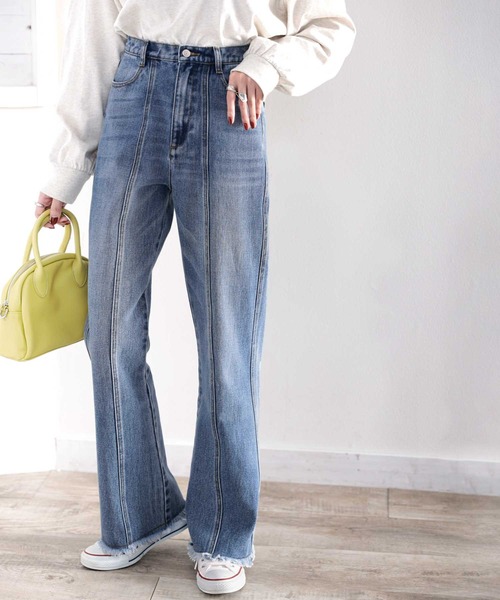 セール】最旬美脚デニム。裾フリンジセミフレアデニムパンツ（デニム