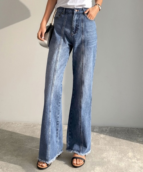 DimMoire ディムモアール 刺繍ロゴ フリンジ バックル フレアデニム M DimMoire ディムモアール 刺繍ロゴ フリンジ バックル フレアデニム M