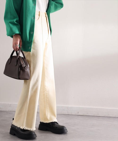 セール】最旬美脚デニム。裾フリンジセミフレアデニムパンツ（デニム