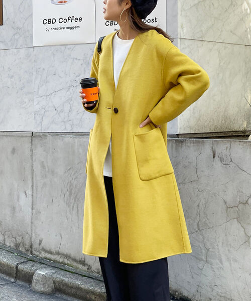 fredy emue（フレディエミュ）の「ライトノーカラーＶネックコート（ノーカラーコート・レディース・ベージュ/ネイビー/マスタード・38）」の3枚目の写真