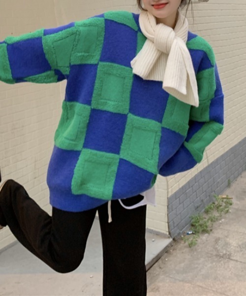 by muni:r（バイ ムニール）の「オーバーシルエットチェックパターンニット（ニット/セーター・レディース・ブラック/イエロー/ブルー・FREE）」の18枚目の写真
