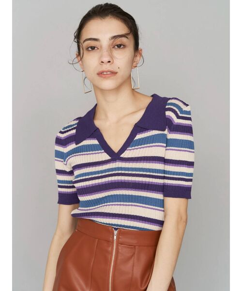 EVRIS(エヴリス)の「マルチボーダーポロニット(ニット/セーター・レディース・ブラック/パープル/グリーン・FREE)」の3枚目の写真