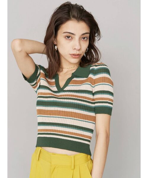 EVRIS(エヴリス)の「マルチボーダーポロニット(ニット/セーター・レディース・ブラック/パープル/グリーン・FREE)」の2枚目の写真