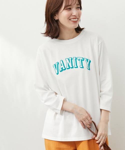 Green Parks(グリーンパークス)の「七分袖カレッジロゴTシャツ(Tシャツ/カットソー・レディース・パープル/ネイビー/オフホワイト・FREE)」の1枚目の写真