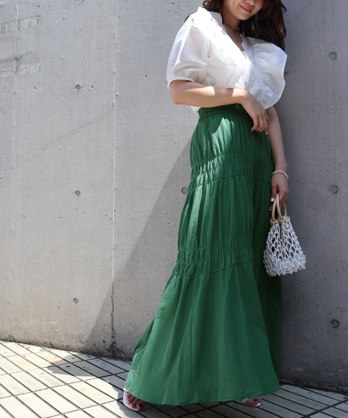 Brownie（ブラウニー）の「Brownie ギャザーティアードスカート（スカート・レディース・ホワイト/オレンジ/グリーン/ブルー/ブラック・FREE）」の4枚目の写真