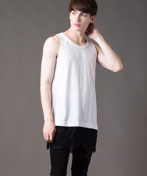 Buffalo Bobs（バッファローボブズ）の「LACE-TANK(レースタンク)レース タンクトップ（タンクトップ・メンズ・ホワイト/ブラック・1-2/2-3）」の4枚目の写真
