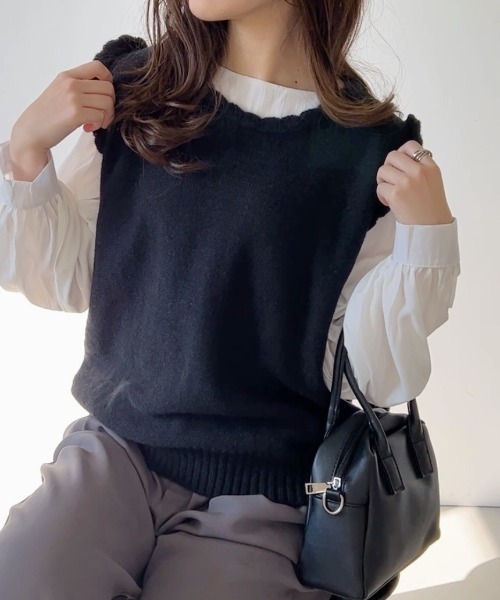 CLEA（クレア）の「スカラップオーバーサイズニットベスト（ベスト・レディース・ブラック/ブルー/ナチュラル・FREE）」の6枚目の写真